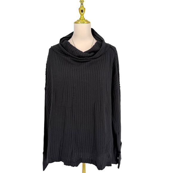 Free People Waffle Knit Long Sleeve Top MEDIUM Open Back Oversized Juicy Black - Picture 4 of 13
